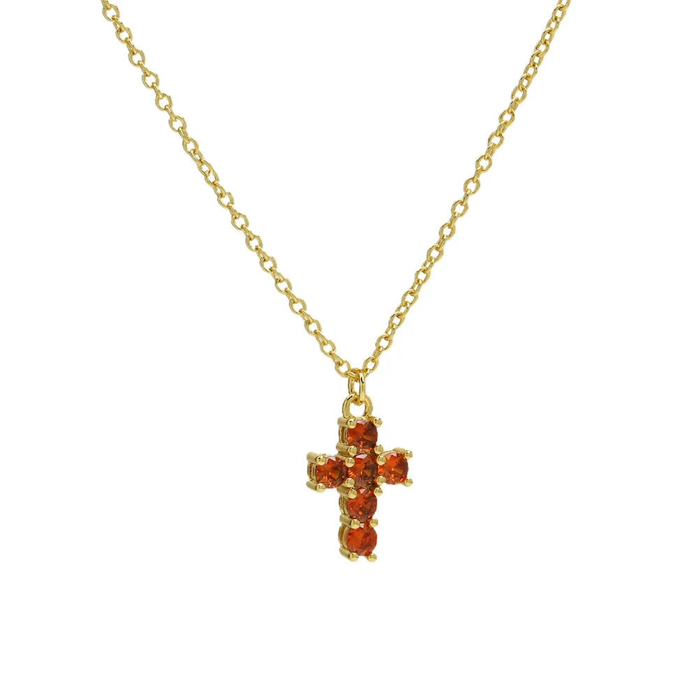 12 Birthstone Cross Pendant Clavicle Chains Necklaces For Women Blue Red Green Pink Zircon Choker Christmas Day Jewelry Gifts