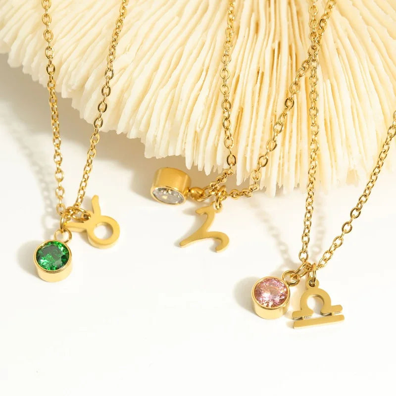 Stainless Steel 12 Constellation Birthstone Pendant Necklace For Women Zodiac Sign Lucky Birthstone Zircon Necklace Jewelry Gift