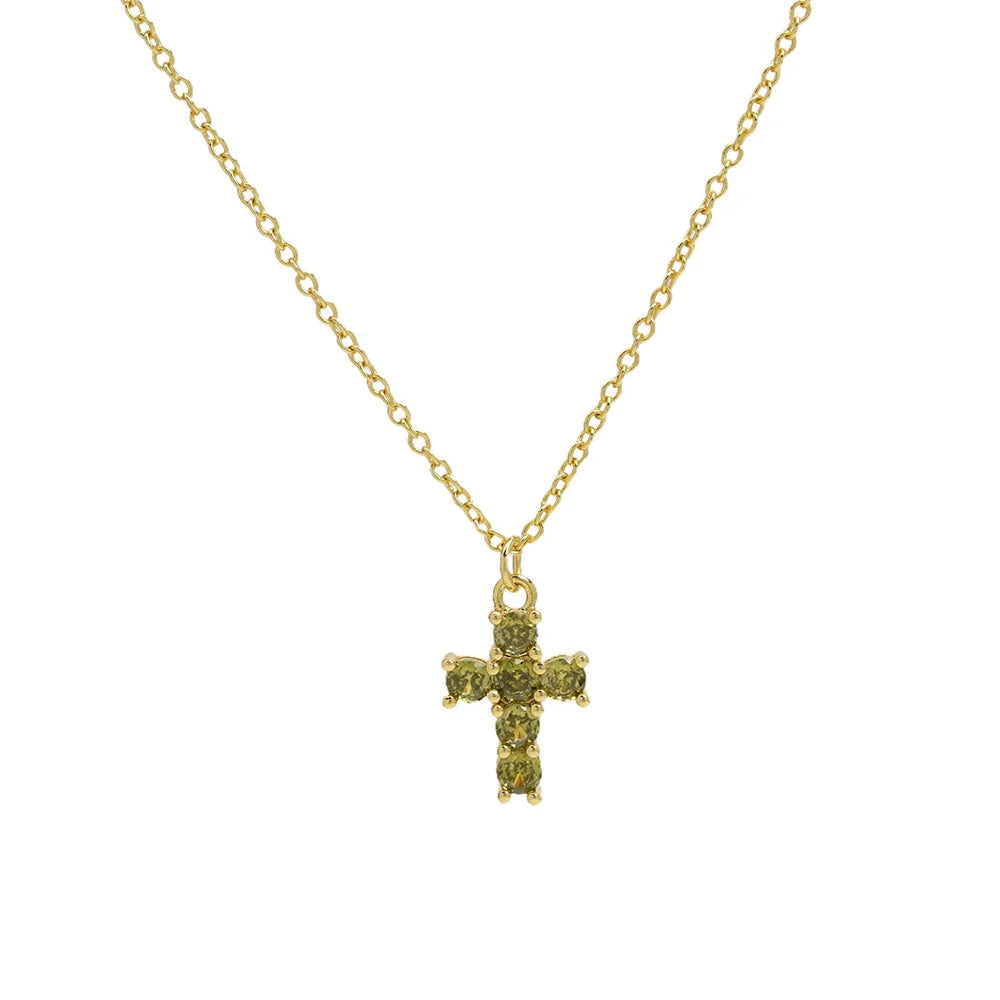 12 Birthstone Cross Pendant Clavicle Chains Necklaces For Women Blue Red Green Pink Zircon Choker Christmas Day Jewelry Gifts