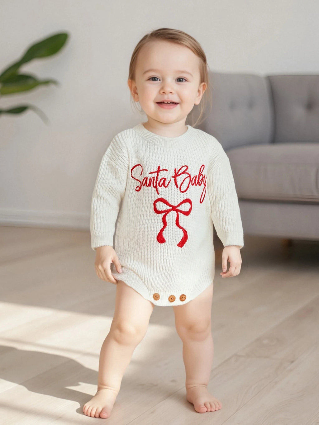 Customly - 0-18M Lovely Baby Girls Boys Christmas Romper Letter Bow Embroidery Ribbed Long Sleeve Infant Winter Sweater