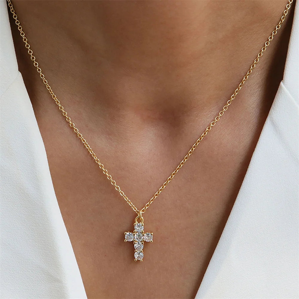 12 Birthstone Cross Pendant Clavicle Chains Necklaces For Women Blue Red Green Pink Zircon Choker Christmas Day Jewelry Gifts