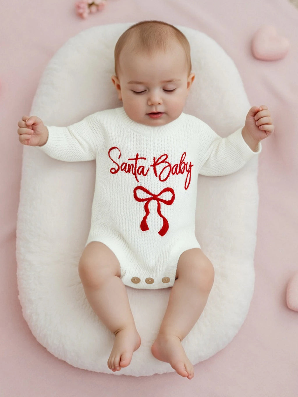 Customly - 0-18M Lovely Baby Girls Boys Christmas Romper Letter Bow Embroidery Ribbed Long Sleeve Infant Winter Sweater