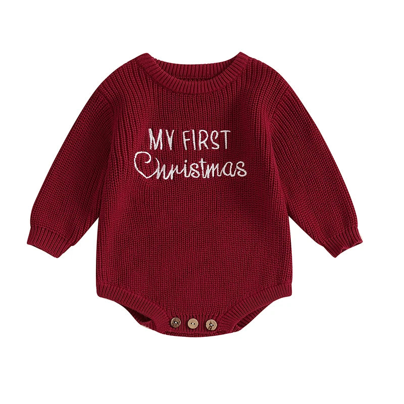 Baby Christmas Sweater Romper Letter Embroidery Long Sleeve Crew Neck Knit Bubble Jumpsuit