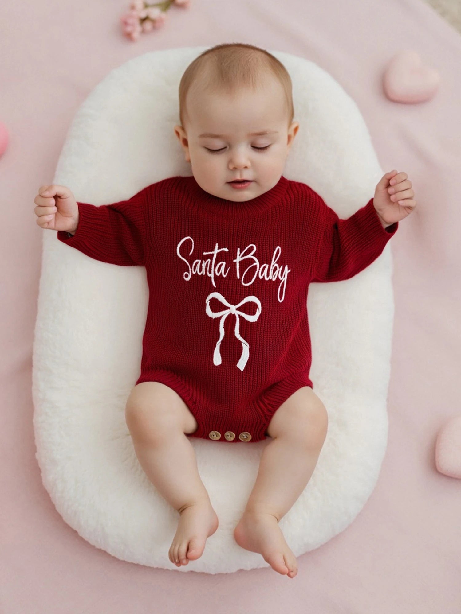 Customly - 0-18M Lovely Baby Girls Boys Christmas Romper Letter Bow Embroidery Ribbed Long Sleeve Infant Winter Sweater