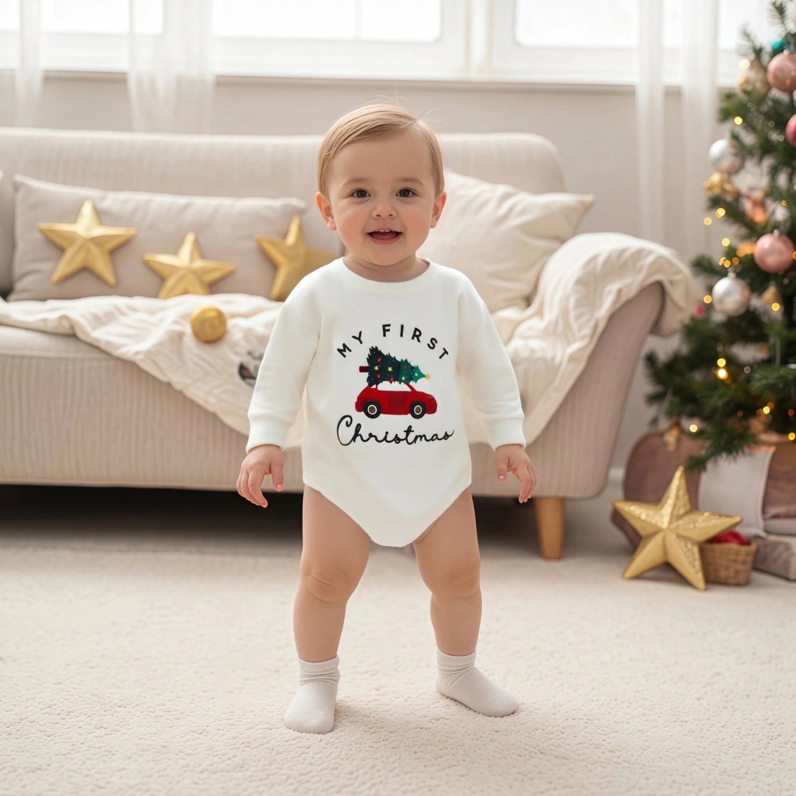 Christmas Infant Baby Rompers Cute Long Sleeve Round Neck Letter Tree Car Print Jumpsuit