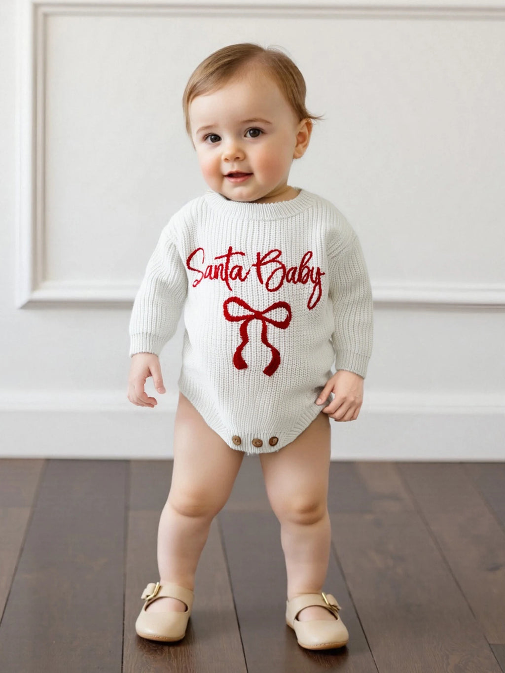 Customly - 0-18M Lovely Baby Girls Boys Christmas Romper Letter Bow Embroidery Ribbed Long Sleeve Infant Winter Sweater