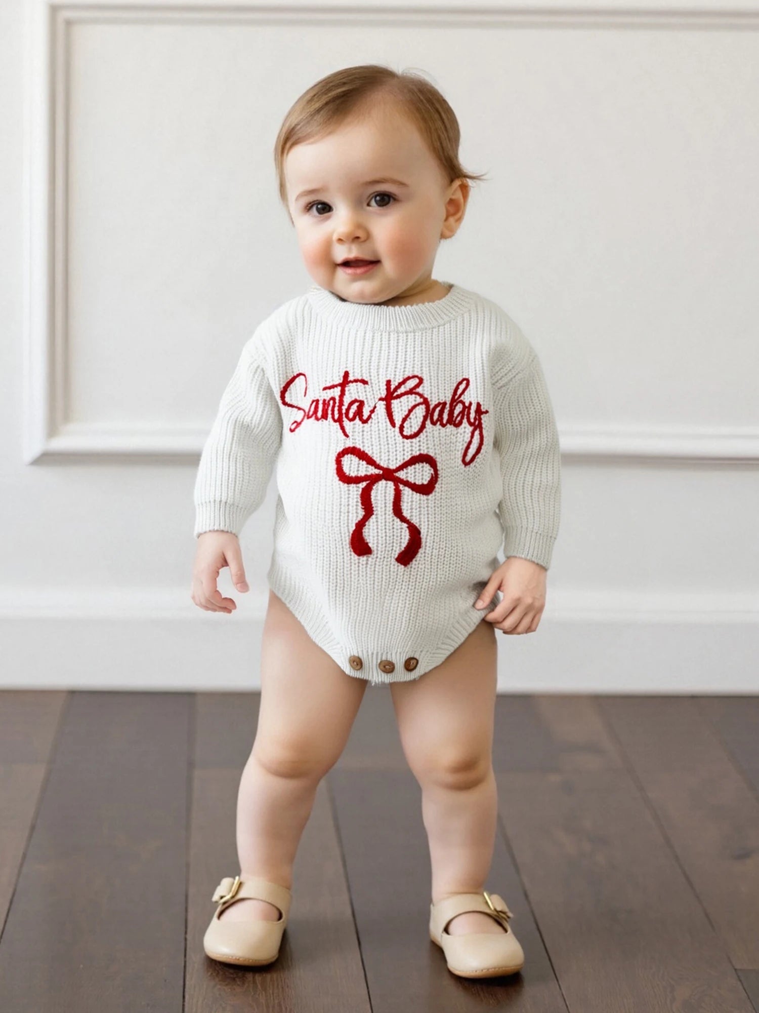 Customly - 0-18M Lovely Baby Girls Boys Christmas Romper Letter Bow Embroidery Ribbed Long Sleeve Infant Winter Sweater