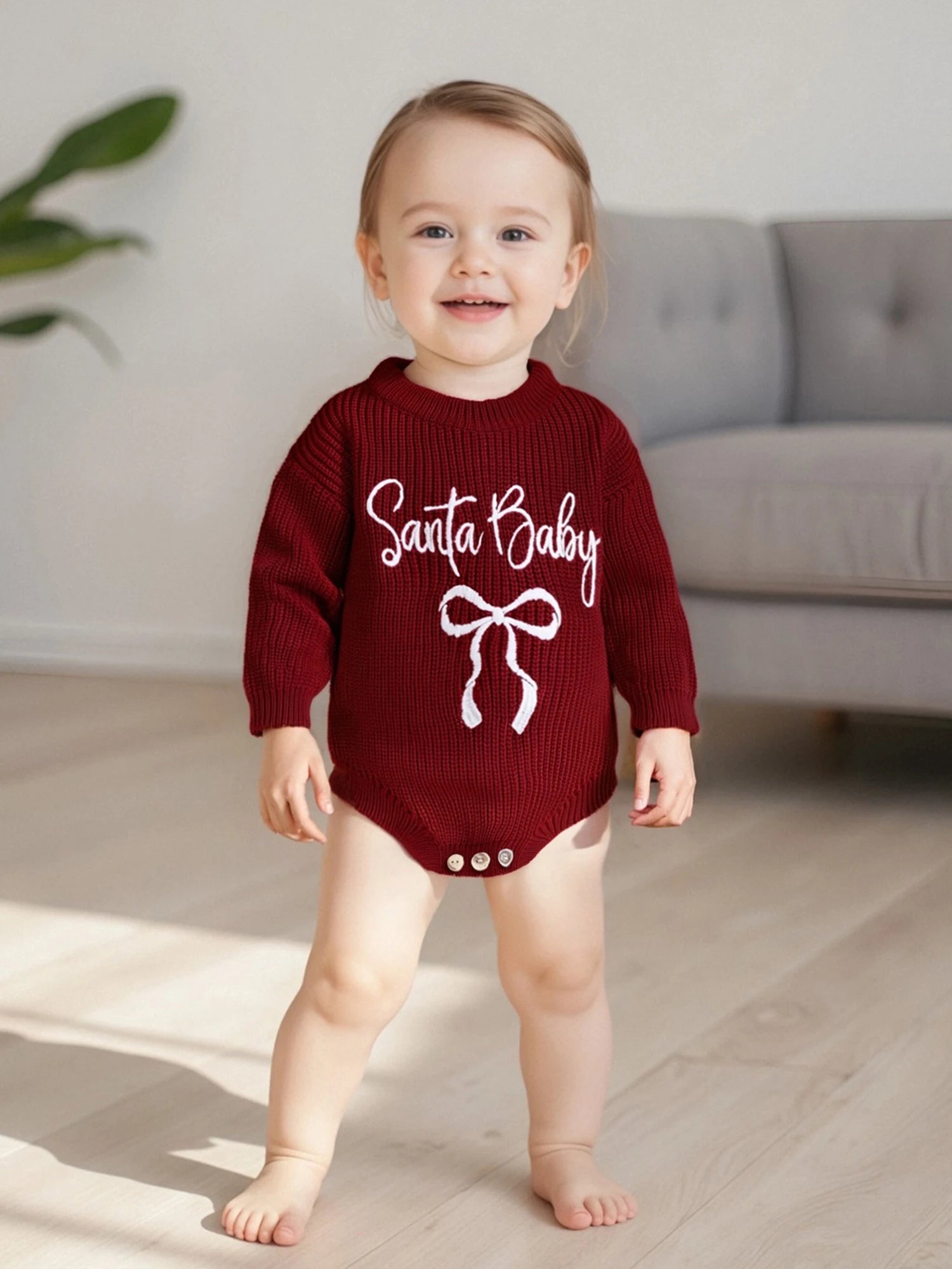 Customly - 0-18M Lovely Baby Girls Boys Christmas Romper Letter Bow Embroidery Ribbed Long Sleeve Infant Winter Sweater