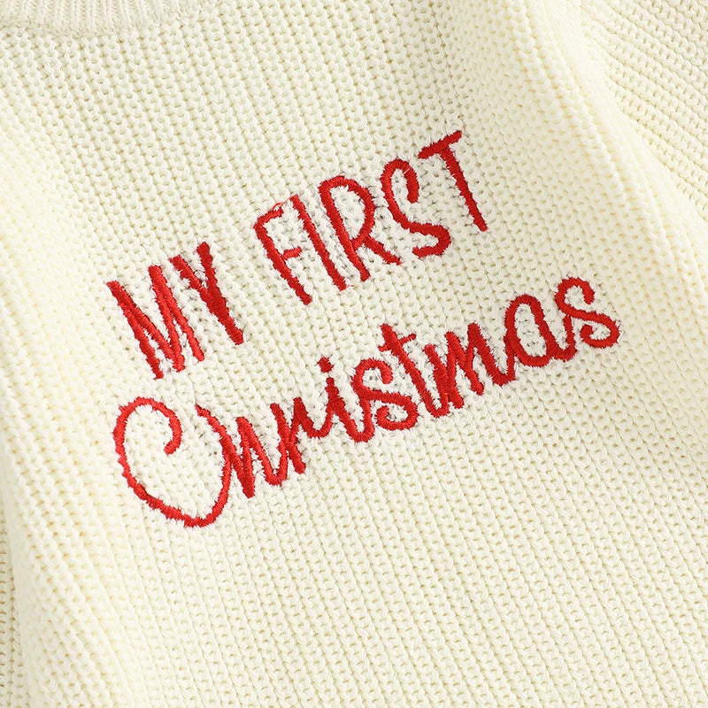 Baby Christmas Sweater Romper Letter Embroidery Long Sleeve Crew Neck Knit Bubble Jumpsuit