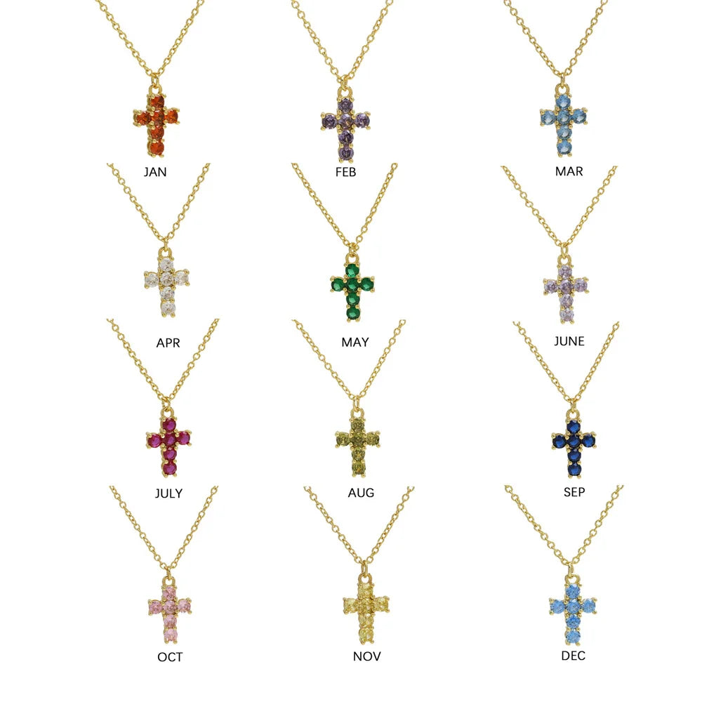 12 Birthstone Cross Pendant Clavicle Chains Necklaces For Women Blue Red Green Pink Zircon Choker Christmas Day Jewelry Gifts