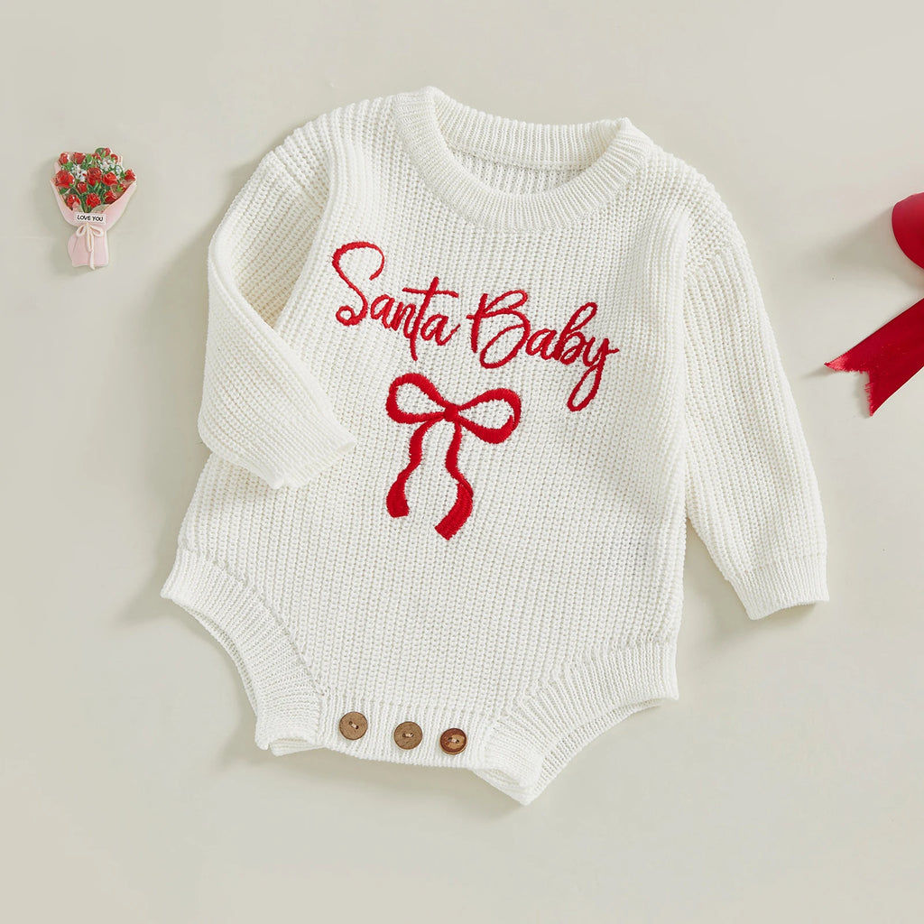 Customly - 0-18M Lovely Baby Girls Boys Christmas Romper Letter Bow Embroidery Ribbed Long Sleeve Infant Winter Sweater