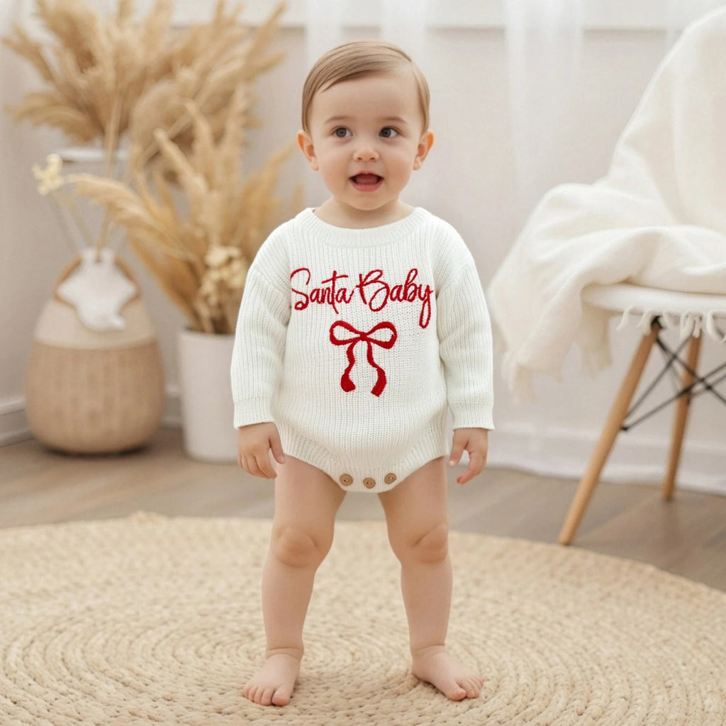 Customly - 0-18M Lovely Baby Girls Boys Christmas Romper Letter Bow Embroidery Ribbed Long Sleeve Infant Winter Sweater