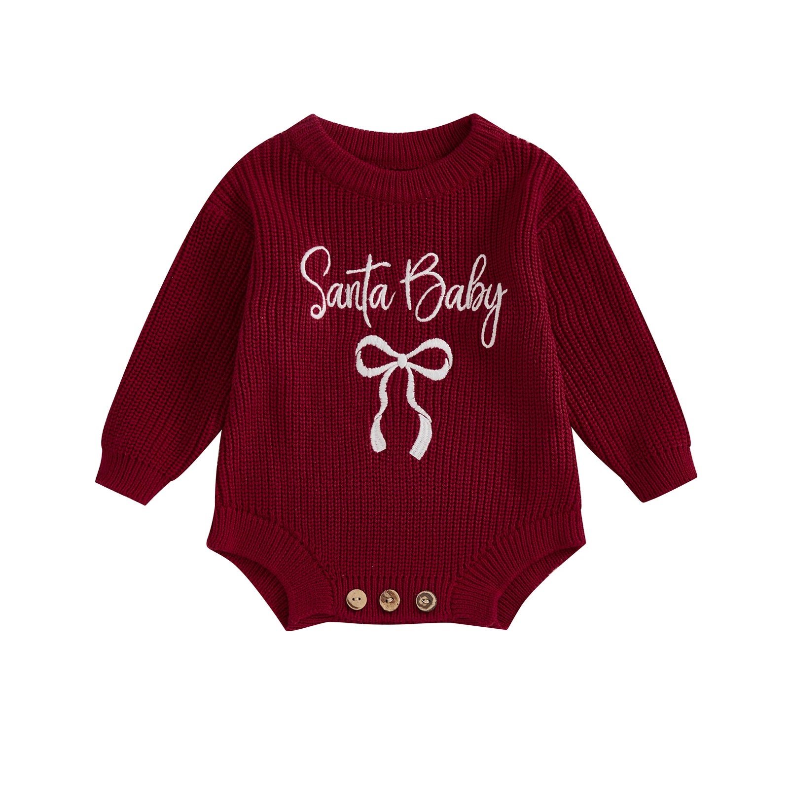 Customly - 0-18M Lovely Baby Girls Boys Christmas Romper Letter Bow Embroidery Ribbed Long Sleeve Infant Winter Sweater