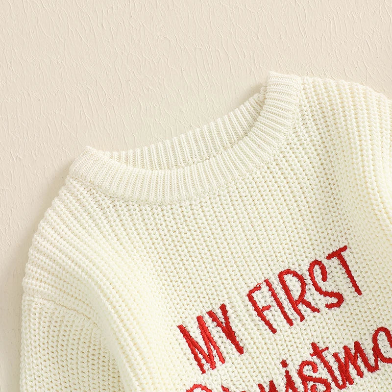 Baby Christmas Sweater Romper Letter Embroidery Long Sleeve Crew Neck Knit Bubble Jumpsuit