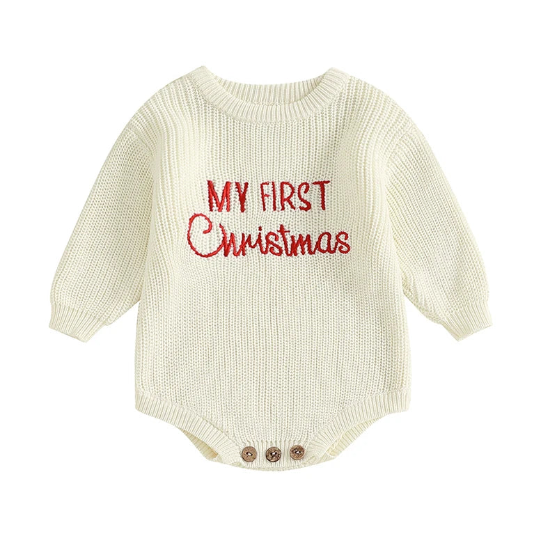 Baby Christmas Sweater Romper Letter Embroidery Long Sleeve Crew Neck Knit Bubble Jumpsuit