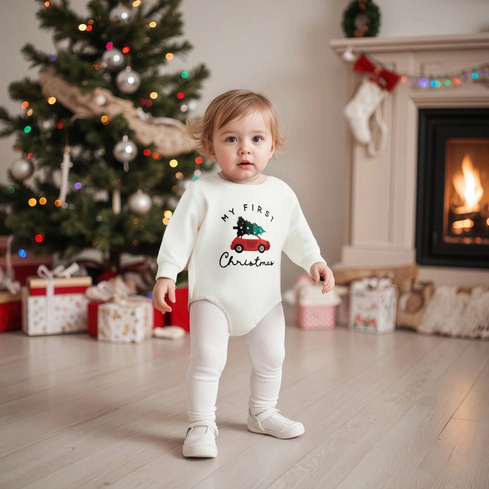 Christmas Infant Baby Rompers Cute Long Sleeve Round Neck Letter Tree Car Print Jumpsuit