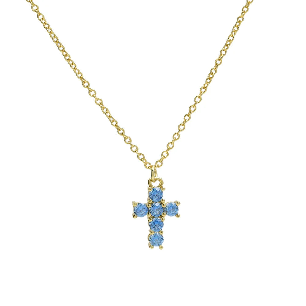 12 Birthstone Cross Pendant Clavicle Chains Necklaces For Women Blue Red Green Pink Zircon Choker Christmas Day Jewelry Gifts