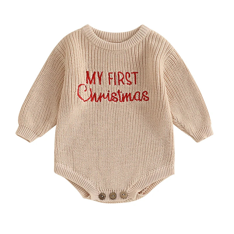 Baby Christmas Sweater Romper Letter Embroidery Long Sleeve Crew Neck Knit Bubble Jumpsuit