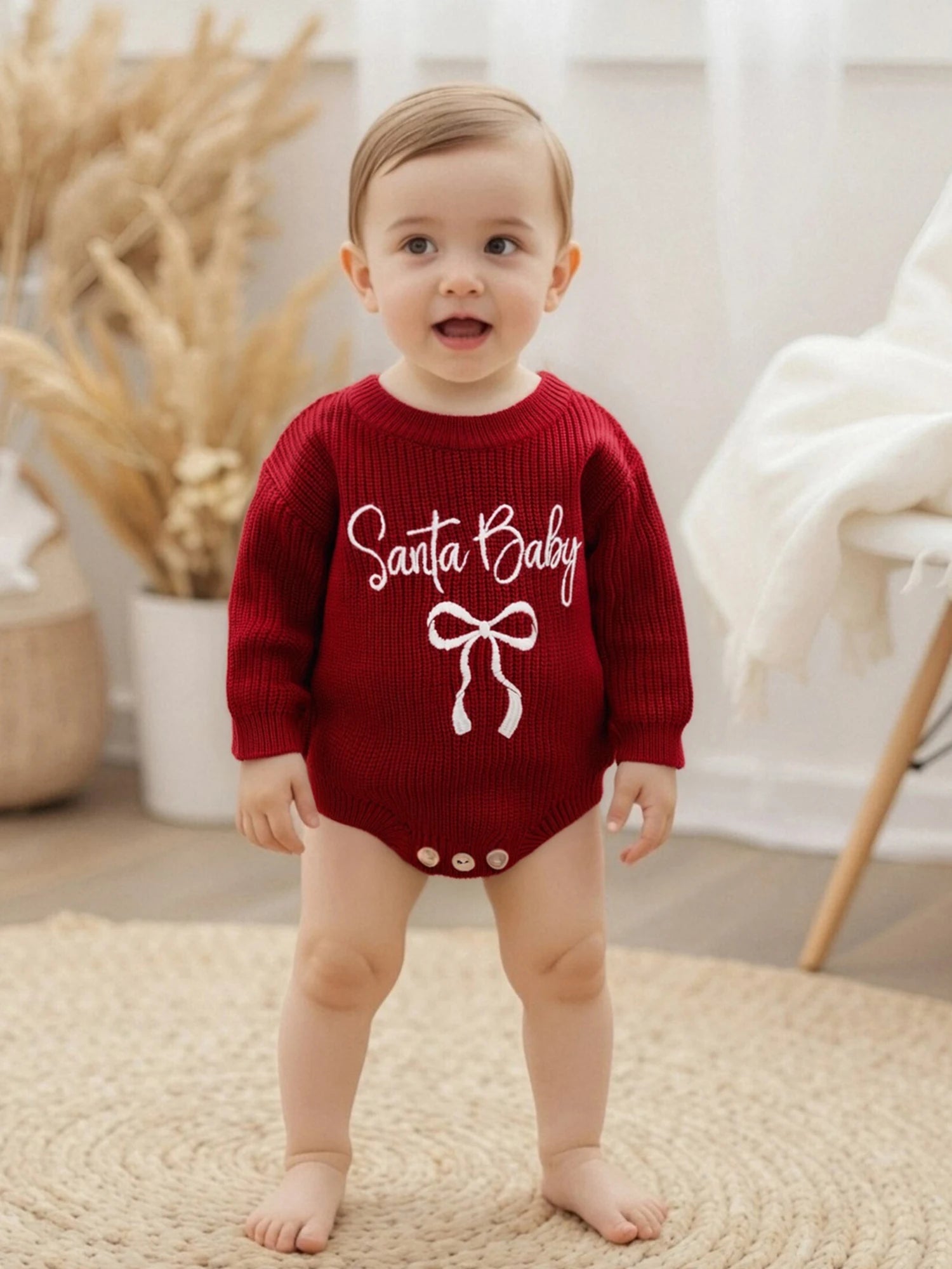 Customly - 0-18M Lovely Baby Girls Boys Christmas Romper Letter Bow Embroidery Ribbed Long Sleeve Infant Winter Sweater