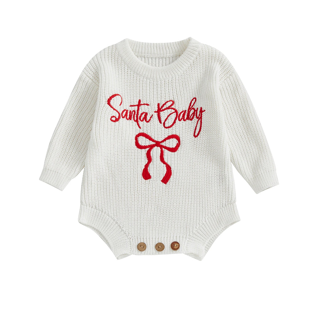 Customly - 0-18M Lovely Baby Girls Boys Christmas Romper Letter Bow Embroidery Ribbed Long Sleeve Infant Winter Sweater