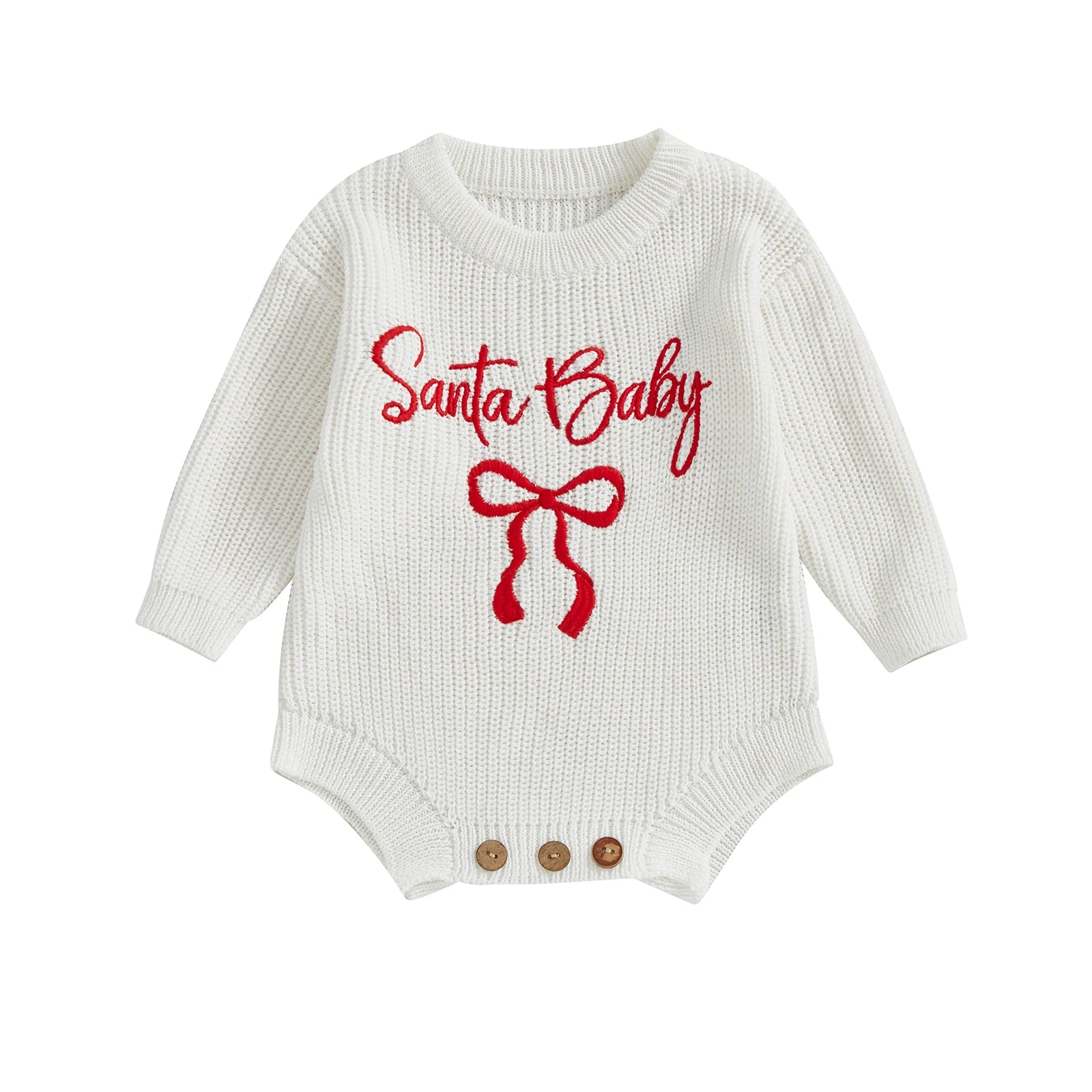 Customly - 0-18M Lovely Baby Girls Boys Christmas Romper Letter Bow Embroidery Ribbed Long Sleeve Infant Winter Sweater