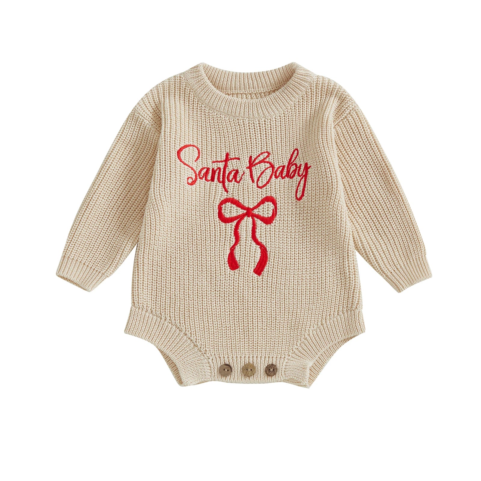Customly - 0-18M Lovely Baby Girls Boys Christmas Romper Letter Bow Embroidery Ribbed Long Sleeve Infant Winter Sweater