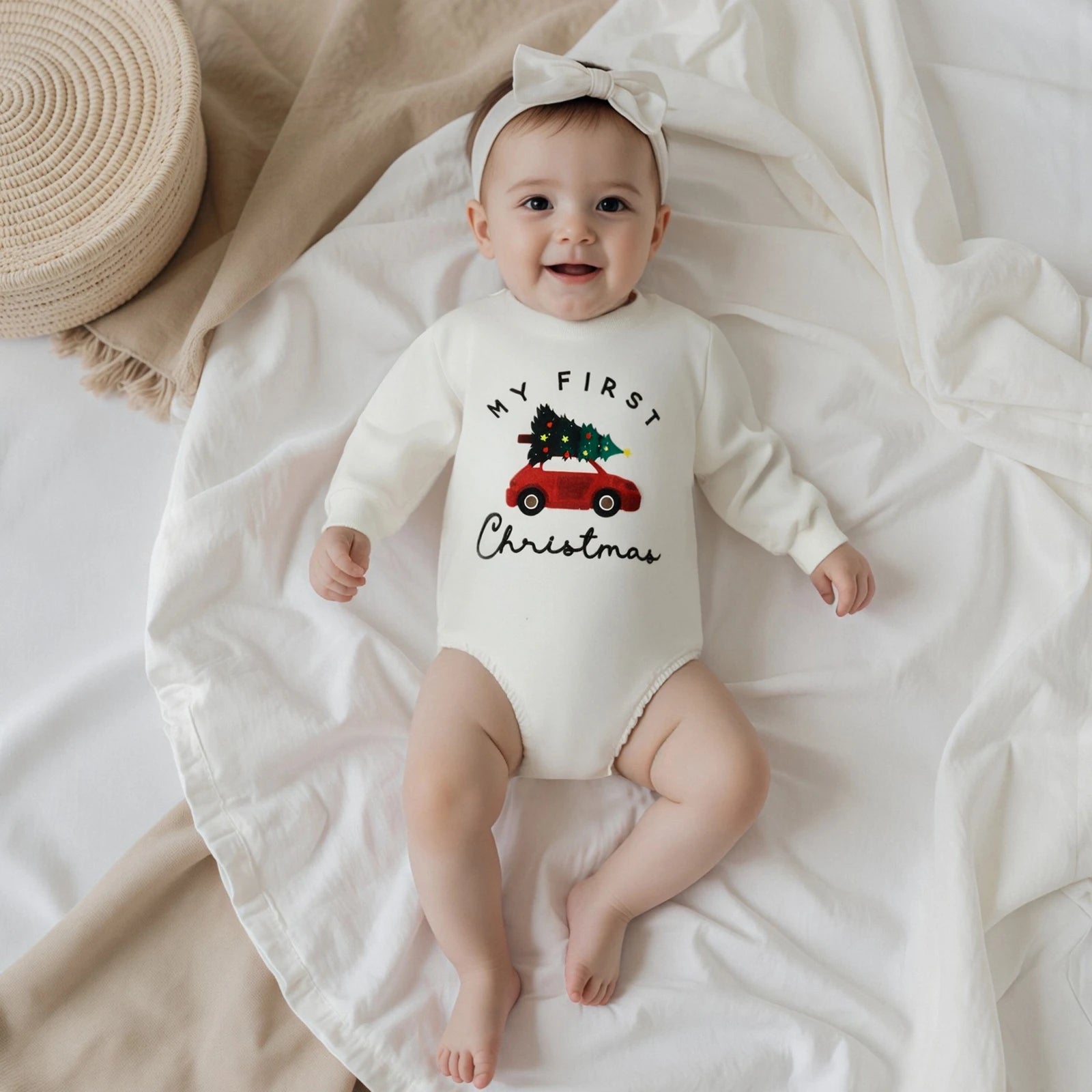 Christmas Infant Baby Rompers Cute Long Sleeve Round Neck Letter Tree Car Print Jumpsuit
