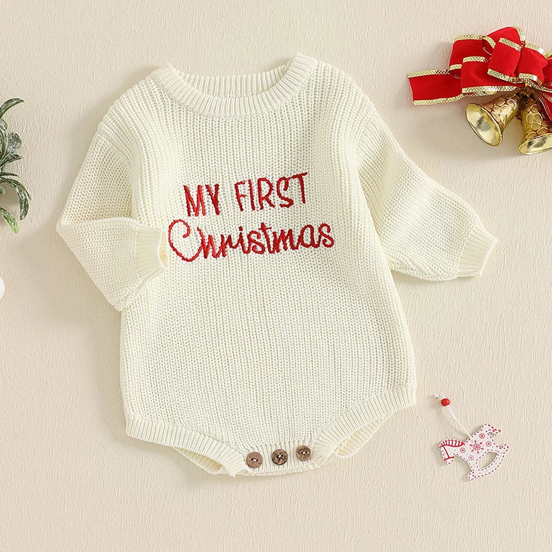 Baby Christmas Sweater Romper Letter Embroidery Long Sleeve Crew Neck Knit Bubble Jumpsuit