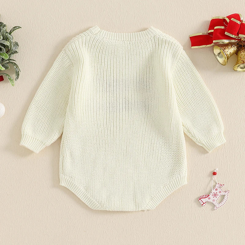 Baby Christmas Sweater Romper Letter Embroidery Long Sleeve Crew Neck Knit Bubble Jumpsuit