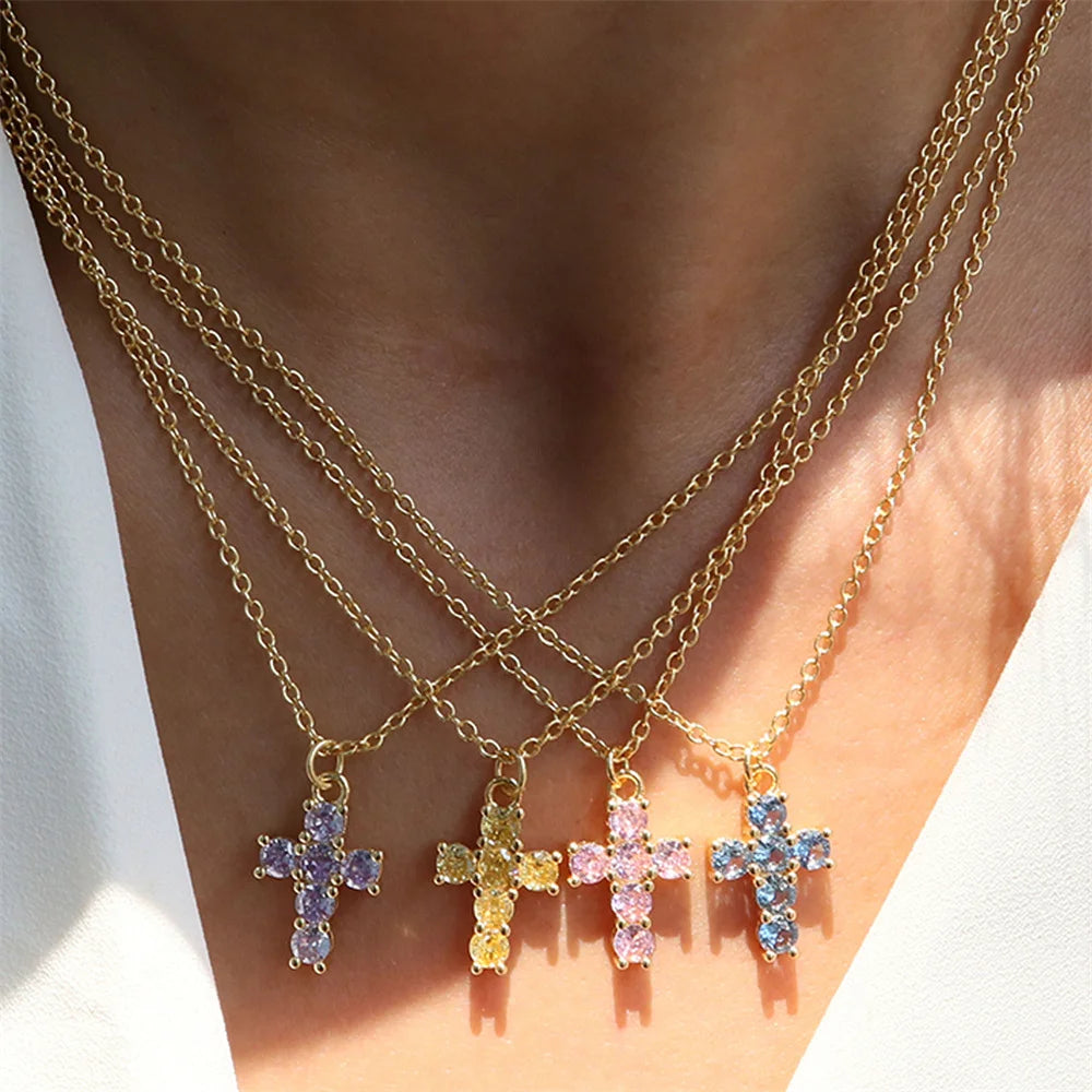 12 Birthstone Cross Pendant Clavicle Chains Necklaces For Women Blue Red Green Pink Zircon Choker Christmas Day Jewelry Gifts