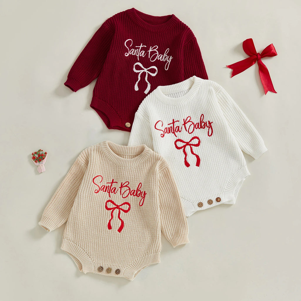 Customly - 0-18M Lovely Baby Girls Boys Christmas Romper Letter Bow Embroidery Ribbed Long Sleeve Infant Winter Sweater
