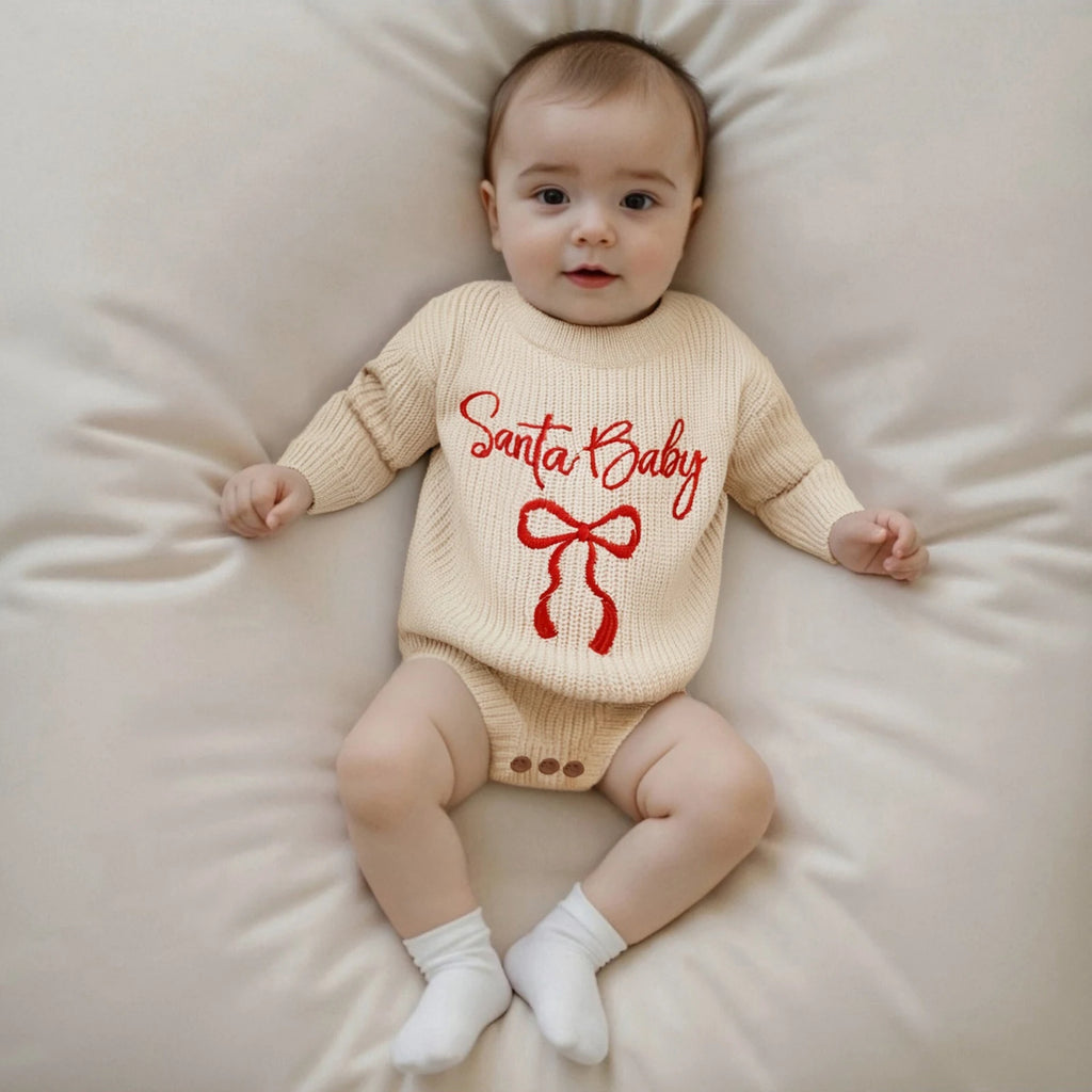 Customly - 0-18M Lovely Baby Girls Boys Christmas Romper Letter Bow Embroidery Ribbed Long Sleeve Infant Winter Sweater