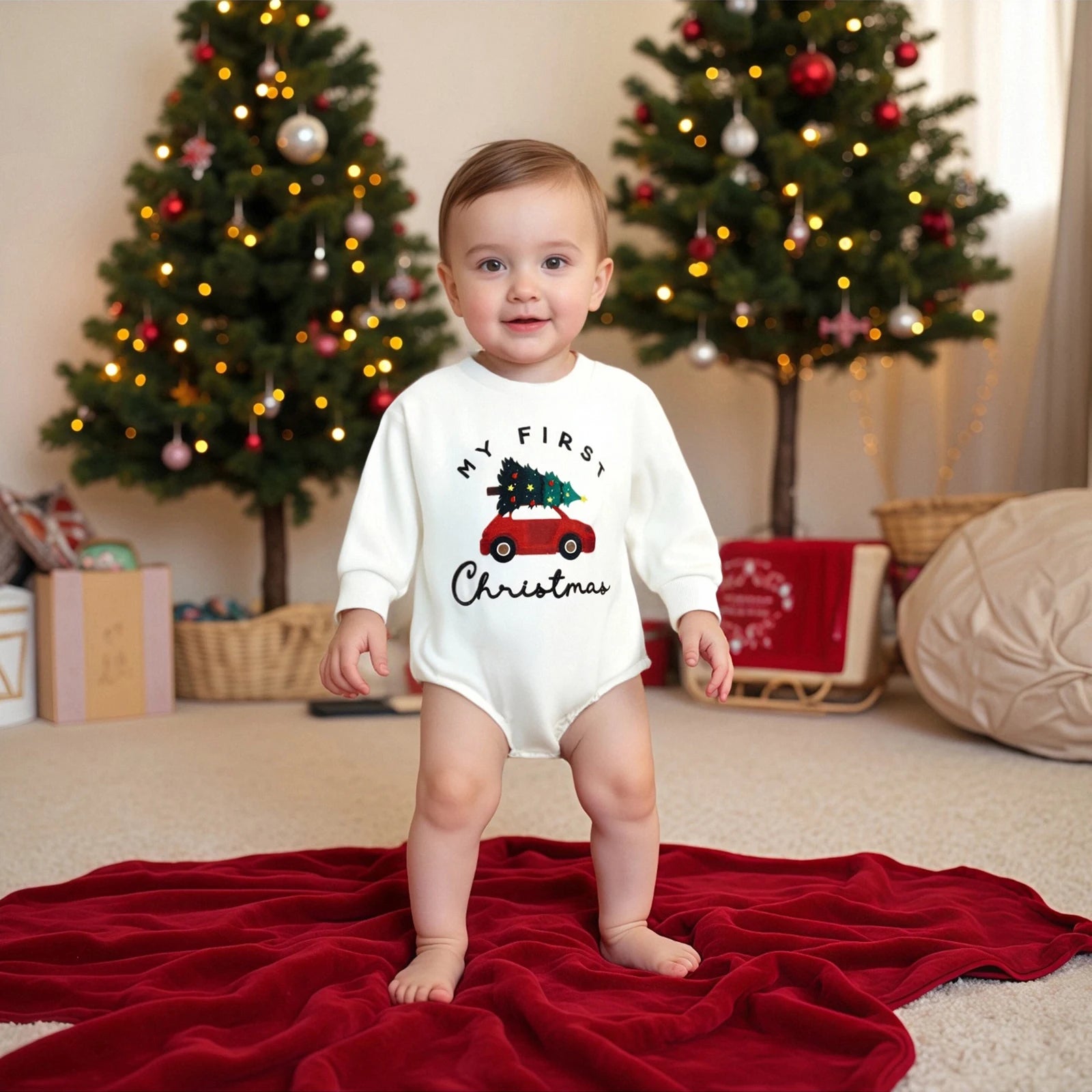 Christmas Infant Baby Rompers Cute Long Sleeve Round Neck Letter Tree Car Print Jumpsuit