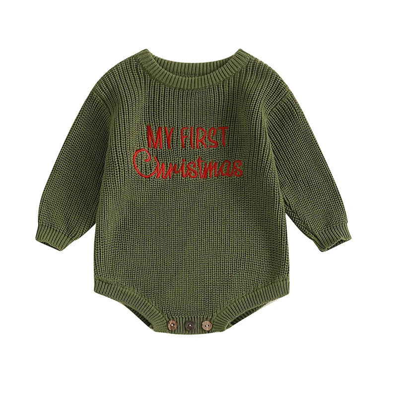 Baby Christmas Sweater Romper Letter Embroidery Long Sleeve Crew Neck Knit Bubble Jumpsuit