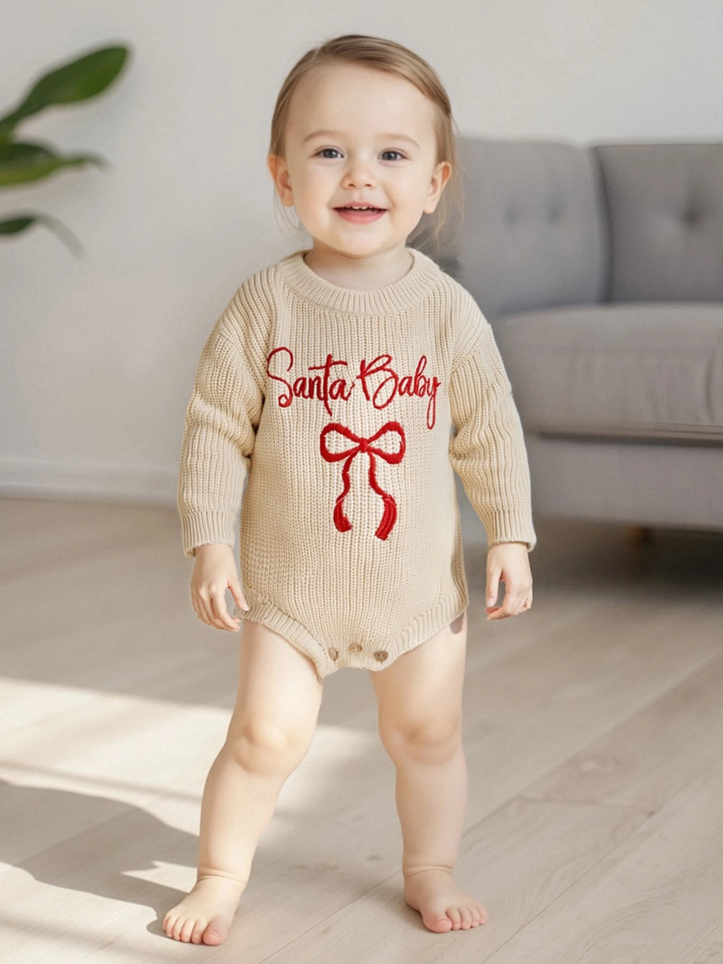Customly - 0-18M Lovely Baby Girls Boys Christmas Romper Letter Bow Embroidery Ribbed Long Sleeve Infant Winter Sweater