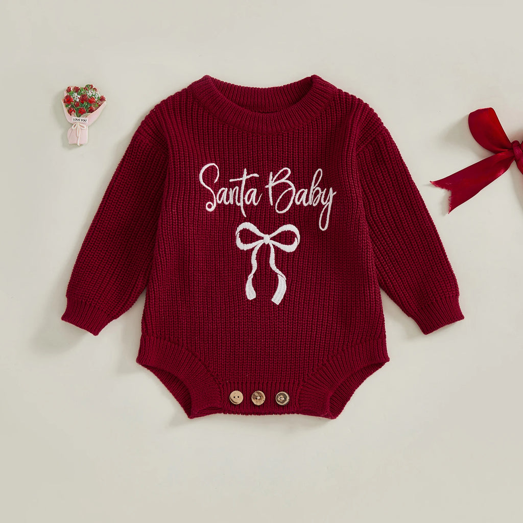 Customly - 0-18M Lovely Baby Girls Boys Christmas Romper Letter Bow Embroidery Ribbed Long Sleeve Infant Winter Sweater