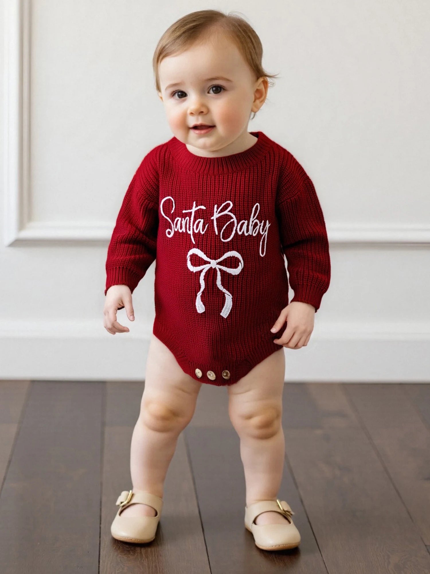 Customly - 0-18M Lovely Baby Girls Boys Christmas Romper Letter Bow Embroidery Ribbed Long Sleeve Infant Winter Sweater