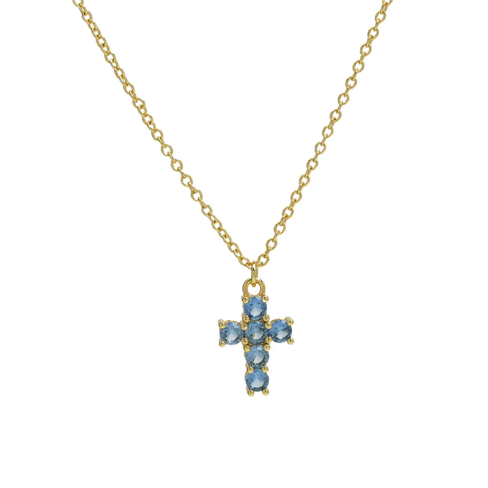 12 Birthstone Cross Pendant Clavicle Chains Necklaces For Women Blue Red Green Pink Zircon Choker Christmas Day Jewelry Gifts