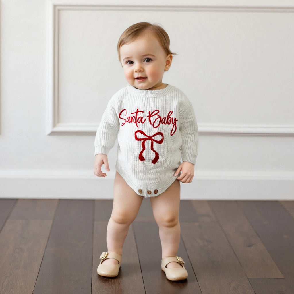 Customly - 0-18M Lovely Baby Girls Boys Christmas Romper Letter Bow Embroidery Ribbed Long Sleeve Infant Winter Sweater