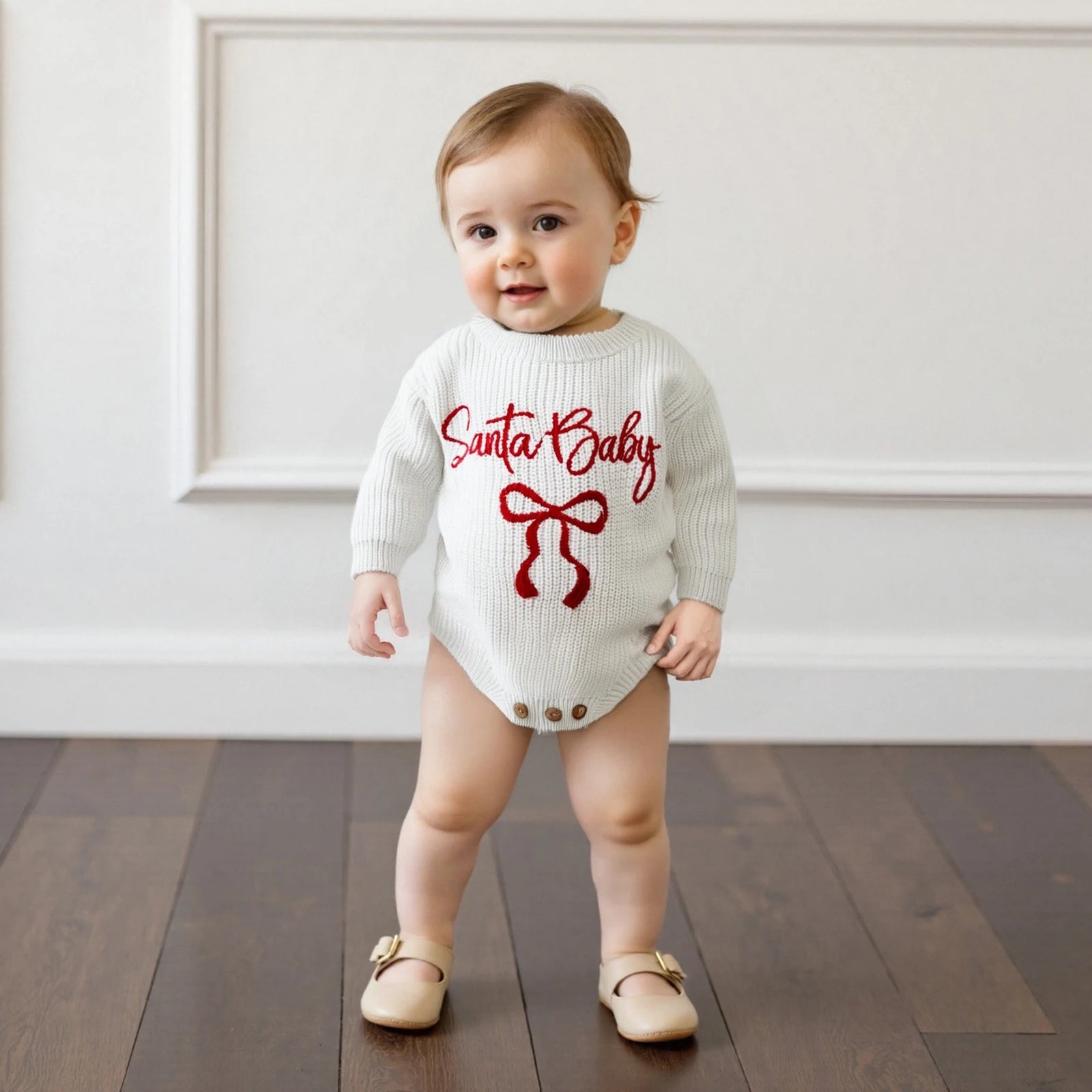 Customly - 0-18M Lovely Baby Girls Boys Christmas Romper Letter Bow Embroidery Ribbed Long Sleeve Infant Winter Sweater
